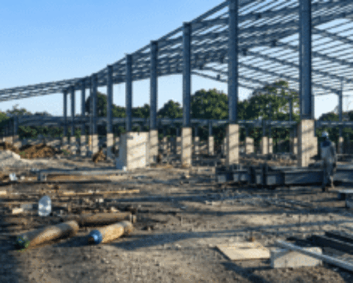 Gudang Legok, Tangerang, Luas 4.000 m². scope pengerjaan: Pondasi dan Struktur Baja WF, Durasi 6 bulan